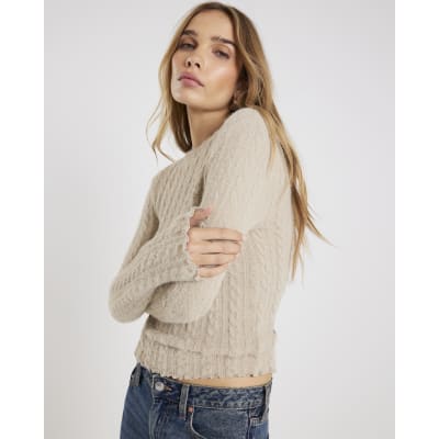 Beige Long Sleeve Cable Knit Fitted Top