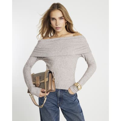 Beige Long Sleeve Cosy Bardot Top