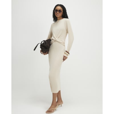 Beige Long Sleeve Cosy Twist Front Midi Dress