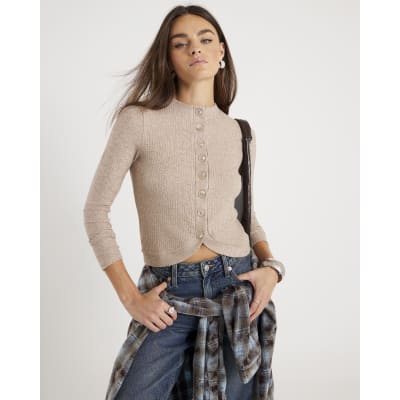 Beige Long Sleeve Curved Hem Top