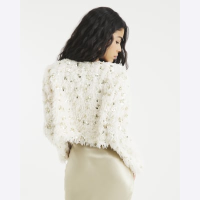 Beige Long Sleeve Feather And Sequin Bolero | River Island