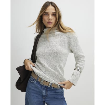 Beige Long Sleeve Funnel Neck Top
