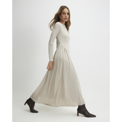 Beige Long Sleeve Gathered Waist Maxi Dress