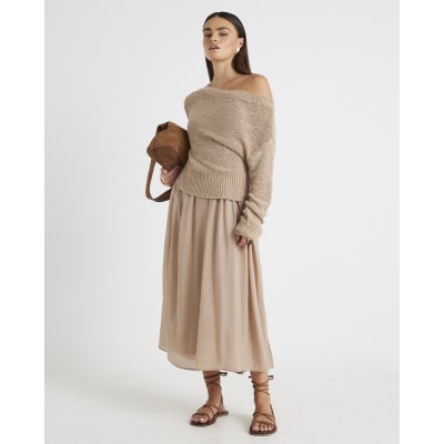 Beige Long Sleeve Hybrid Midi Dress