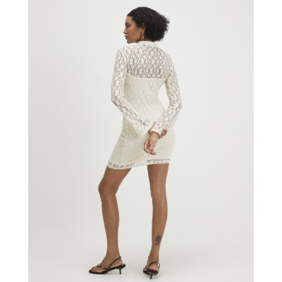 river island white dress long sleeve River Island 3d floral applique shift dress in white