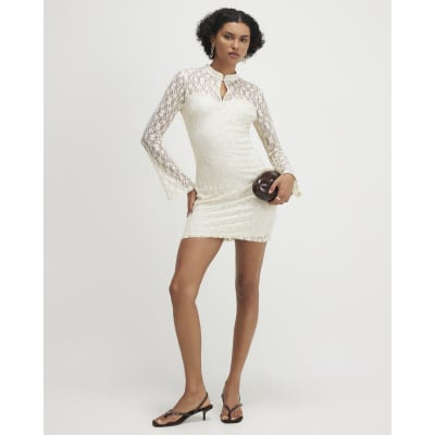 river island beige dress River Island Long Sleeve Rib Knit Dress In Beige - 40% Off