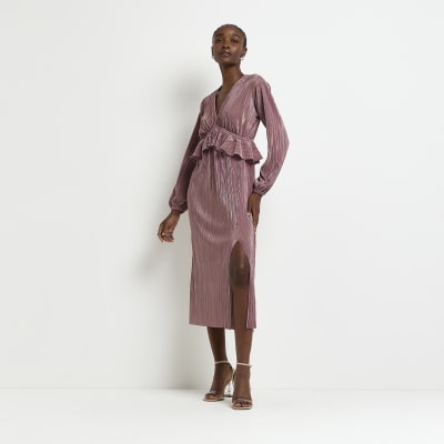 Beige long sleeve plisse frill midi dress