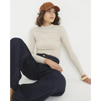 Beige Long Sleeve Ribbed Crew Neck Top