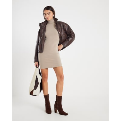 Beige Long Sleeve Roll Neck Mini Dress