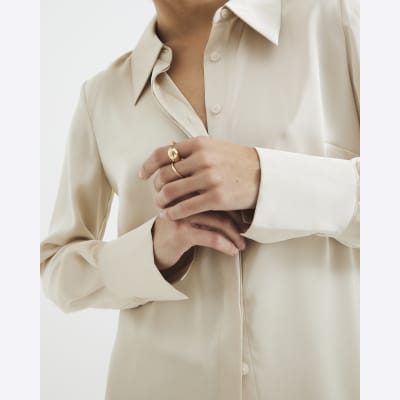 Beige Long Sleeve Satin Slimline Shirt