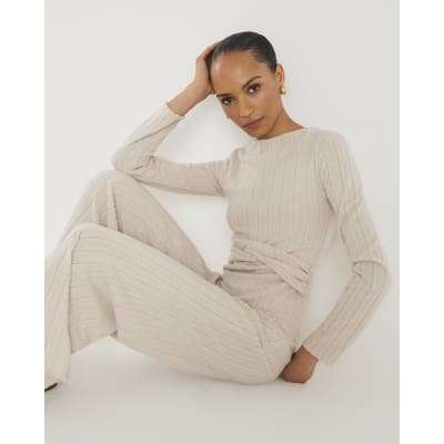 Beige Long Sleeve Twist Front Cosy Top