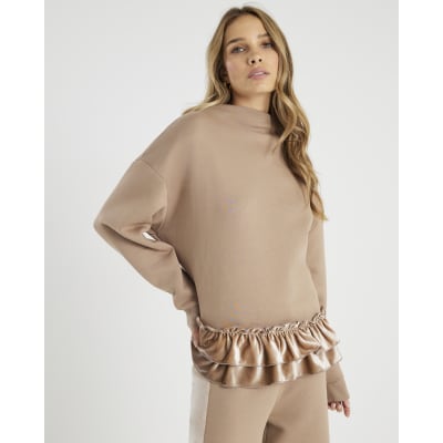 Beige Long Sleeve Velvet Trim Sweatshirt