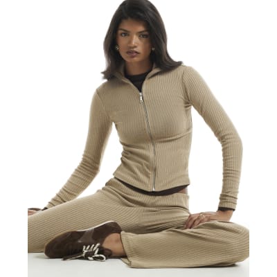 Beige Long Sleeve Zip Top