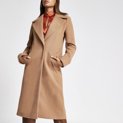 Beige longline turn up sleeve coat | River Island