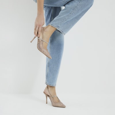 Slingback River Island Ladies Shoes Sale Beige Mesh Diamante