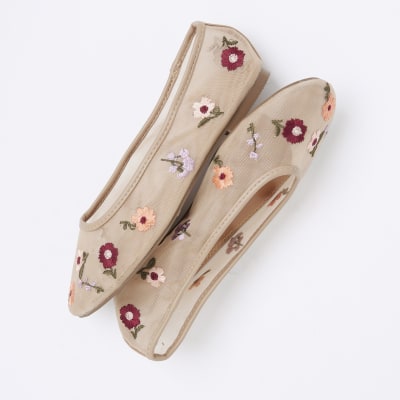 Beige Mesh Floral Embroidered Ballet Pumps River Island