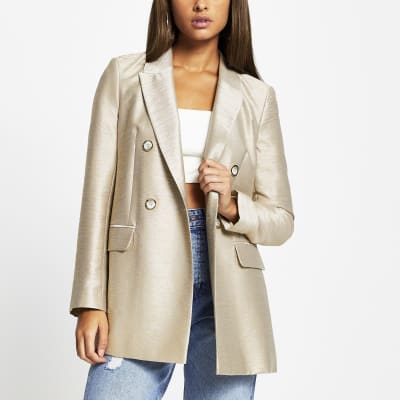 Beige metallic structured long sleeve blazer