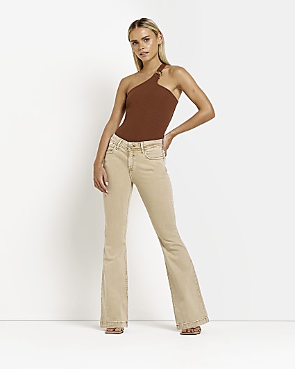 Beige mid rise flared jeans
