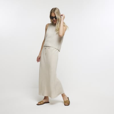 Beige midi skirt with linen | River Island