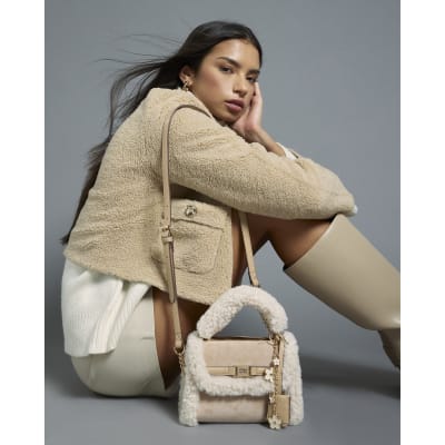 Beige Mini Borg Tote Cross Body Bag