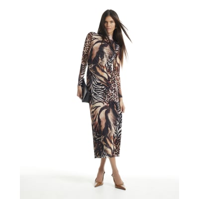 Mixed Animal Print Mesh Maxi Dress