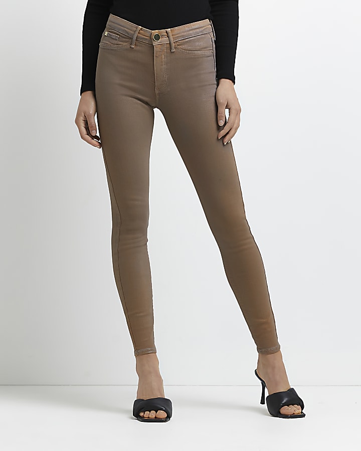 Beige Molly coated mid rise skinny jeans