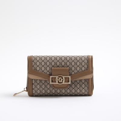 Beige Monogram Panelled Flap Purse