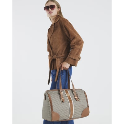 Beige Monogram Print Charm Holdall Bag
