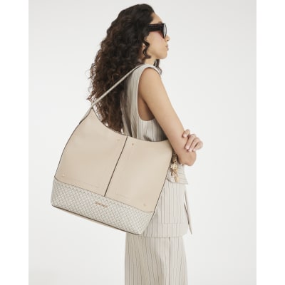 Beige Monogram Print Charm Shoulder Bag