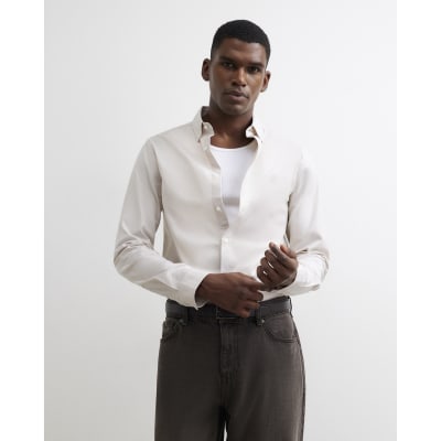 Beige Muscle Fit Cotton Oxford Shirt