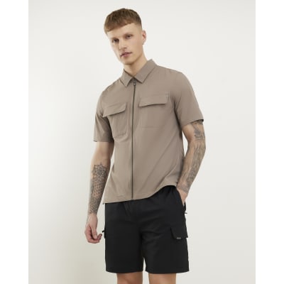 Beige Muscle Fit Stretch Zip Shirt