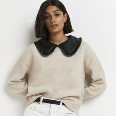 Beige oversized collar knitted jumper | River Island