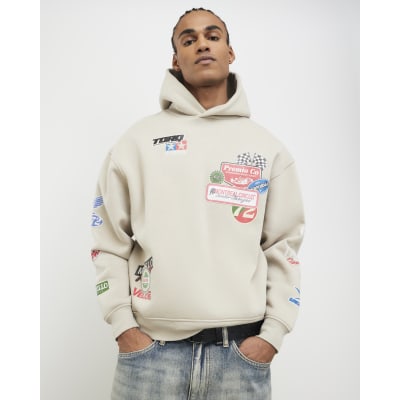 Beige Oversized Fit Multi Badging Hoodie