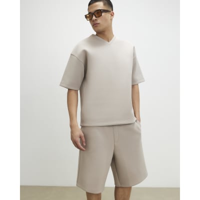 Beige Oversized Fit Premium V Neck T-Shirt