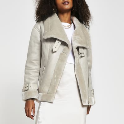 Beige oversized shearling aviator jacket | River Island