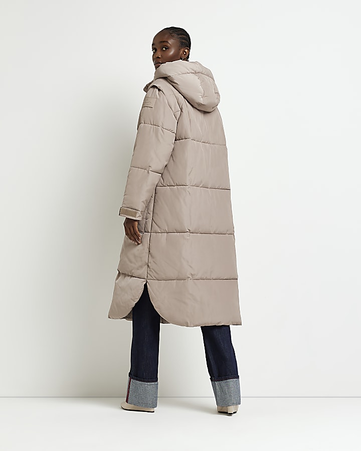 Beige padded longline hooded puffer coat