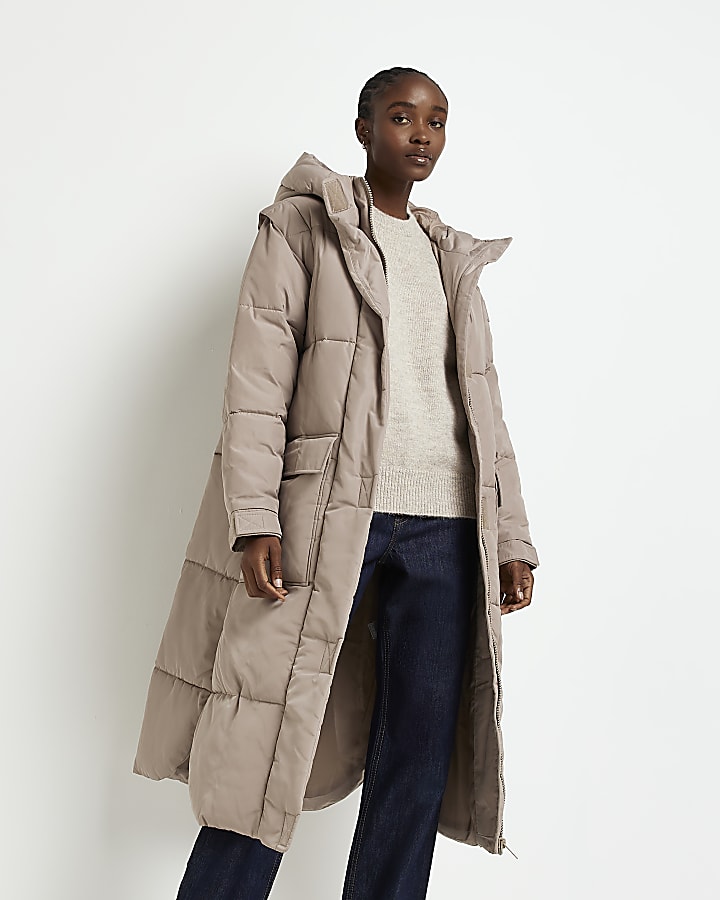 Beige padded longline hooded puffer coat