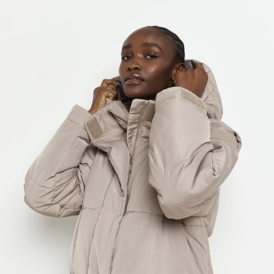 Beige padded longline hooded puffer coat River Island