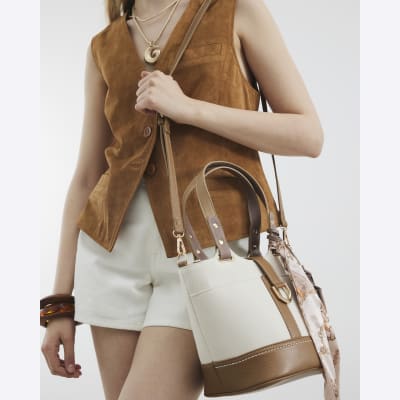 Beige Panelled Bucket Bag