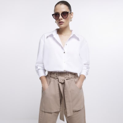 Beige paperbag slim trousers