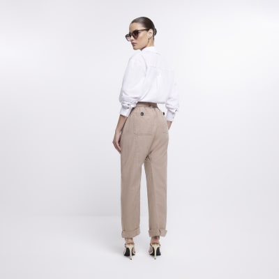Beige paperbag slim trousers