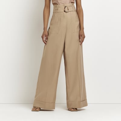 Beige paperbag wide leg trousers