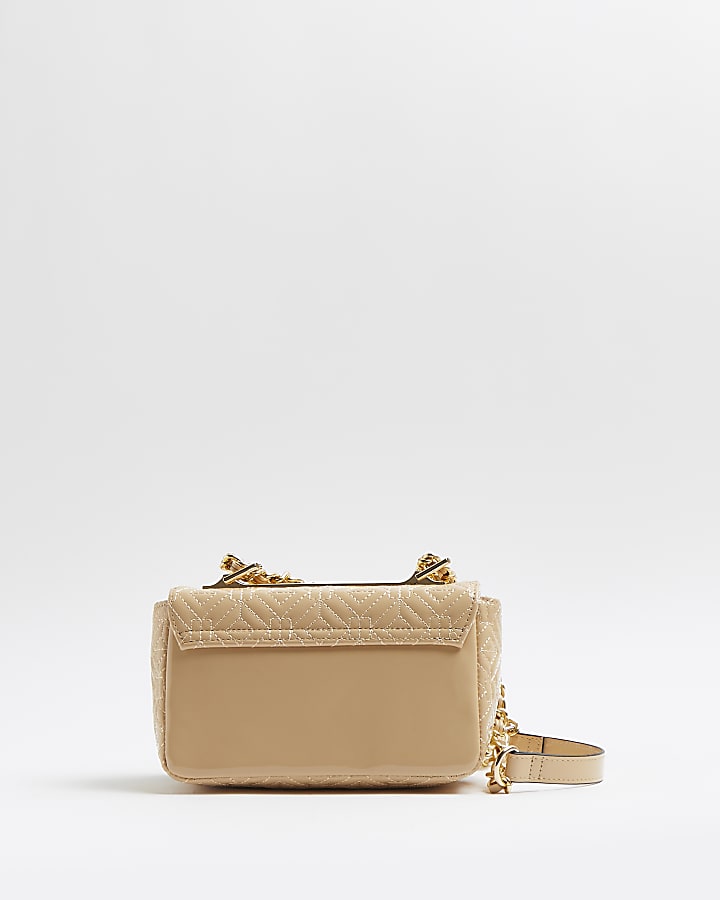 Beige patent quilted cross body bag