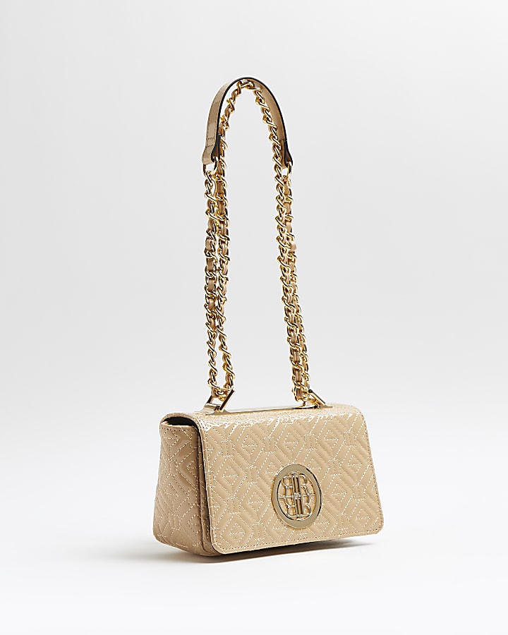 Beige patent quilted cross body bag