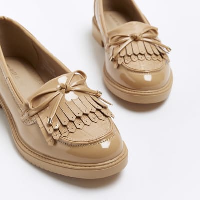 Beige patent tassel trim loafers River Island