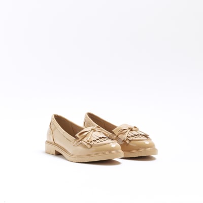 Beige patent tassel trim loafers River Island