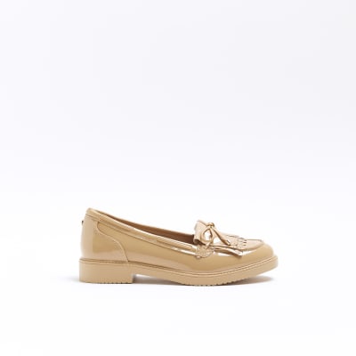 Beige patent tassel trim loafers River Island