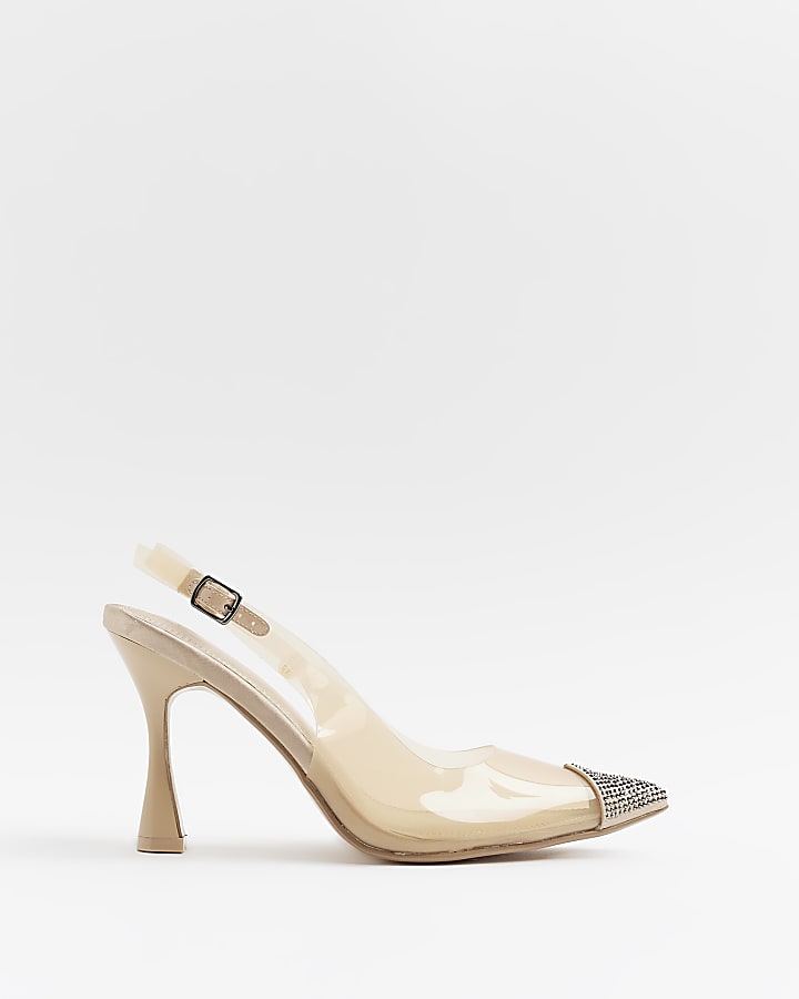 Beige perspex heeled court shoes
