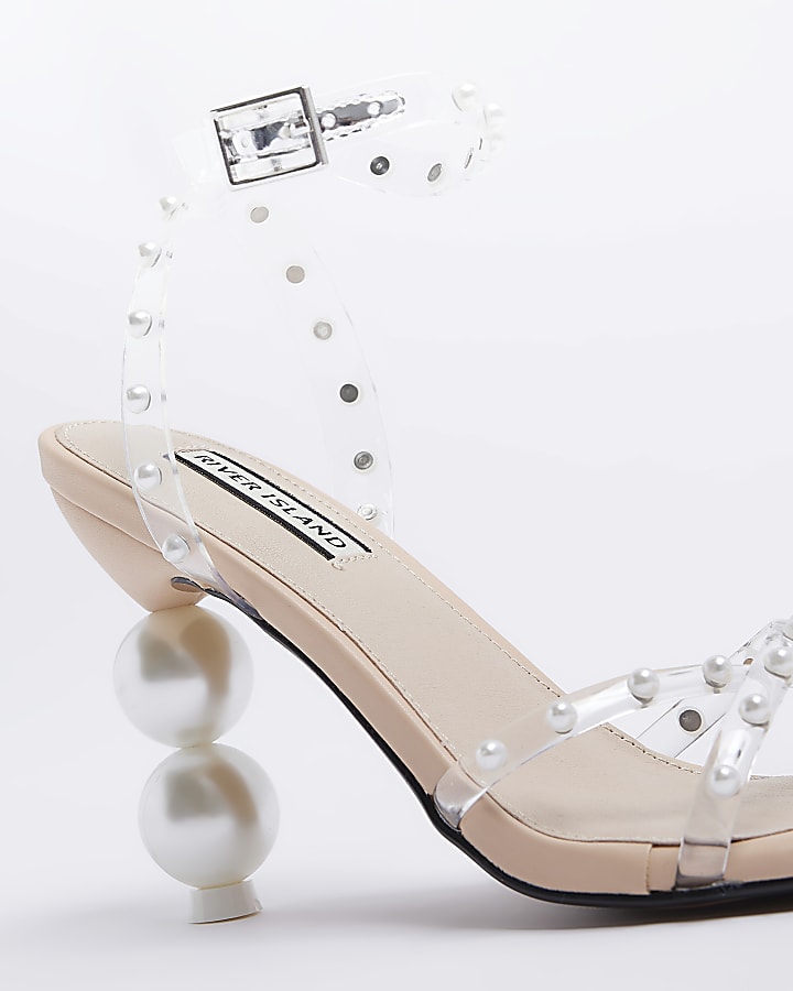 Beige perspex pearl detail heeled sandals
