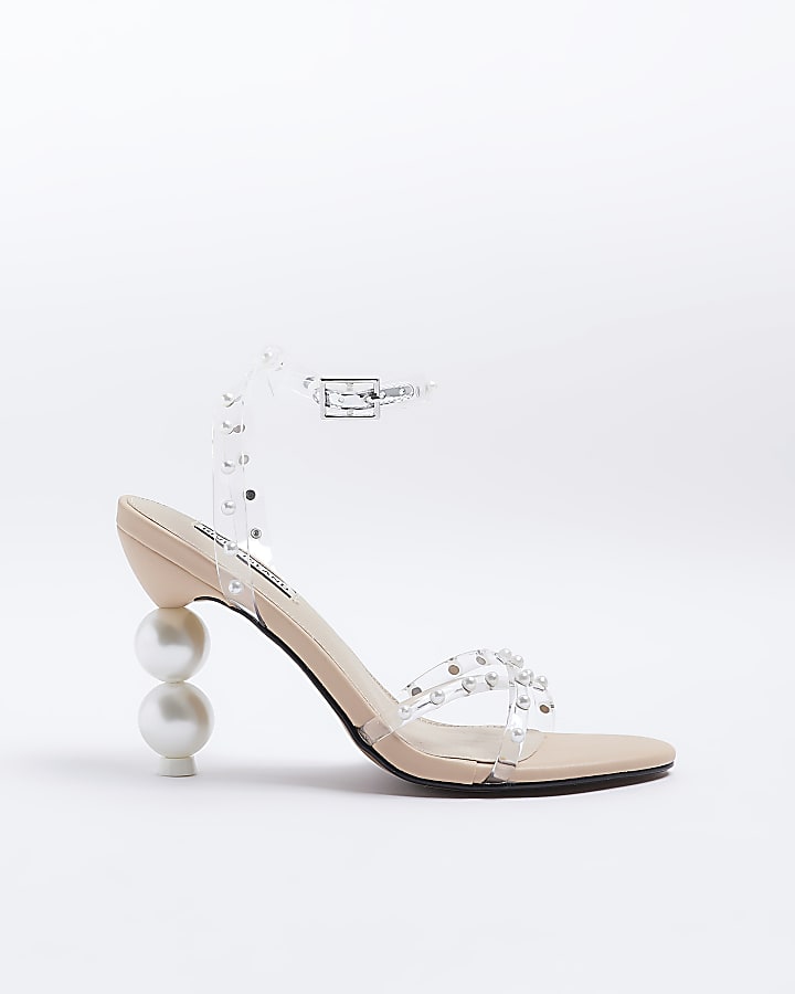 Beige perspex pearl detail heeled sandals | River Island